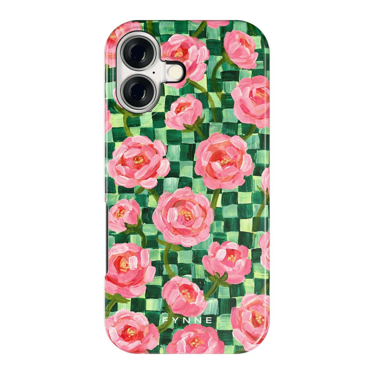 Pioenen op groene ruitjes hoesje voor iPhone 17, achterkant