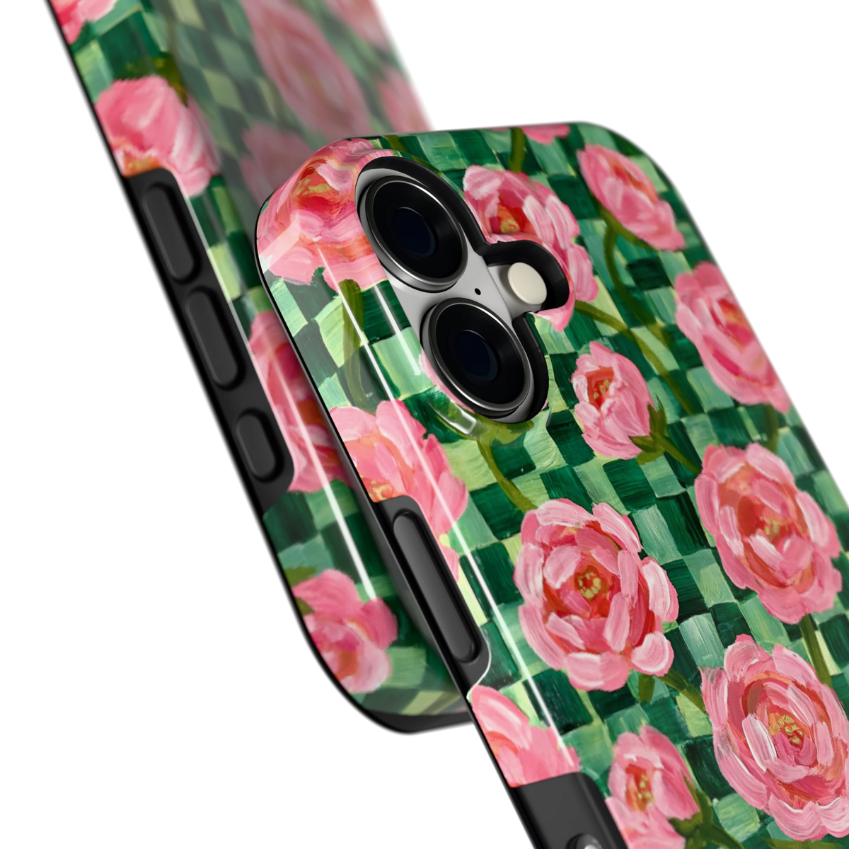 Pioenen op groene ruitjes hoesje voor iPhone 17, close-up