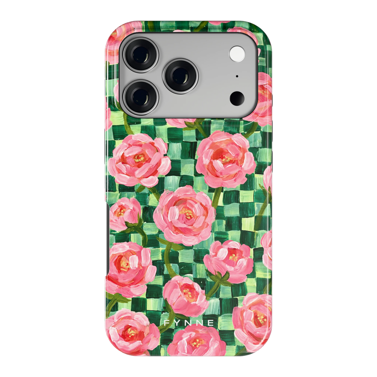 Pioenen op groene ruitjes hoesje voor iPhone 17 Pro, achterkant