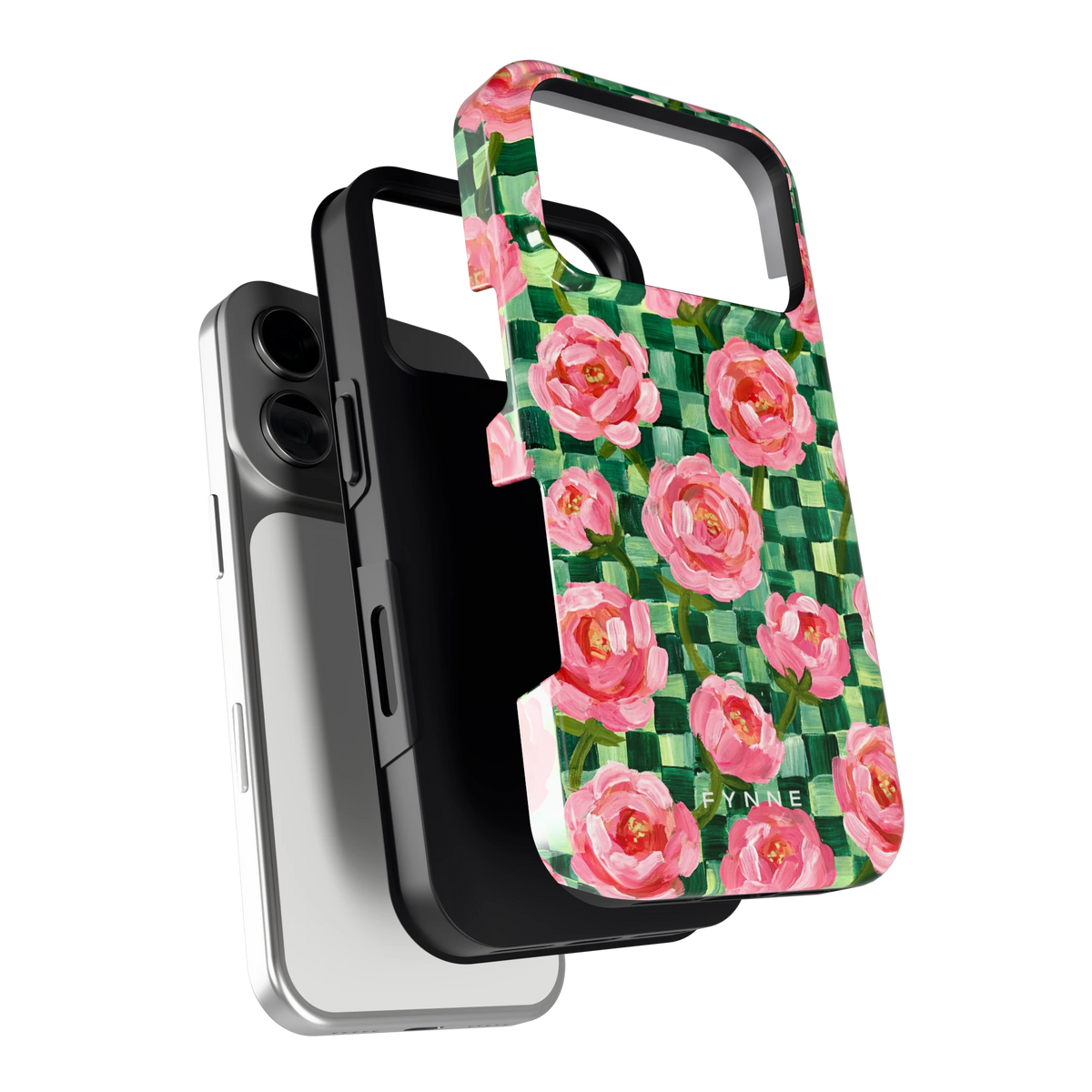 Pioenen op groene ruitjes hoesje voor iPhone 17 Pro, los van de telefoon