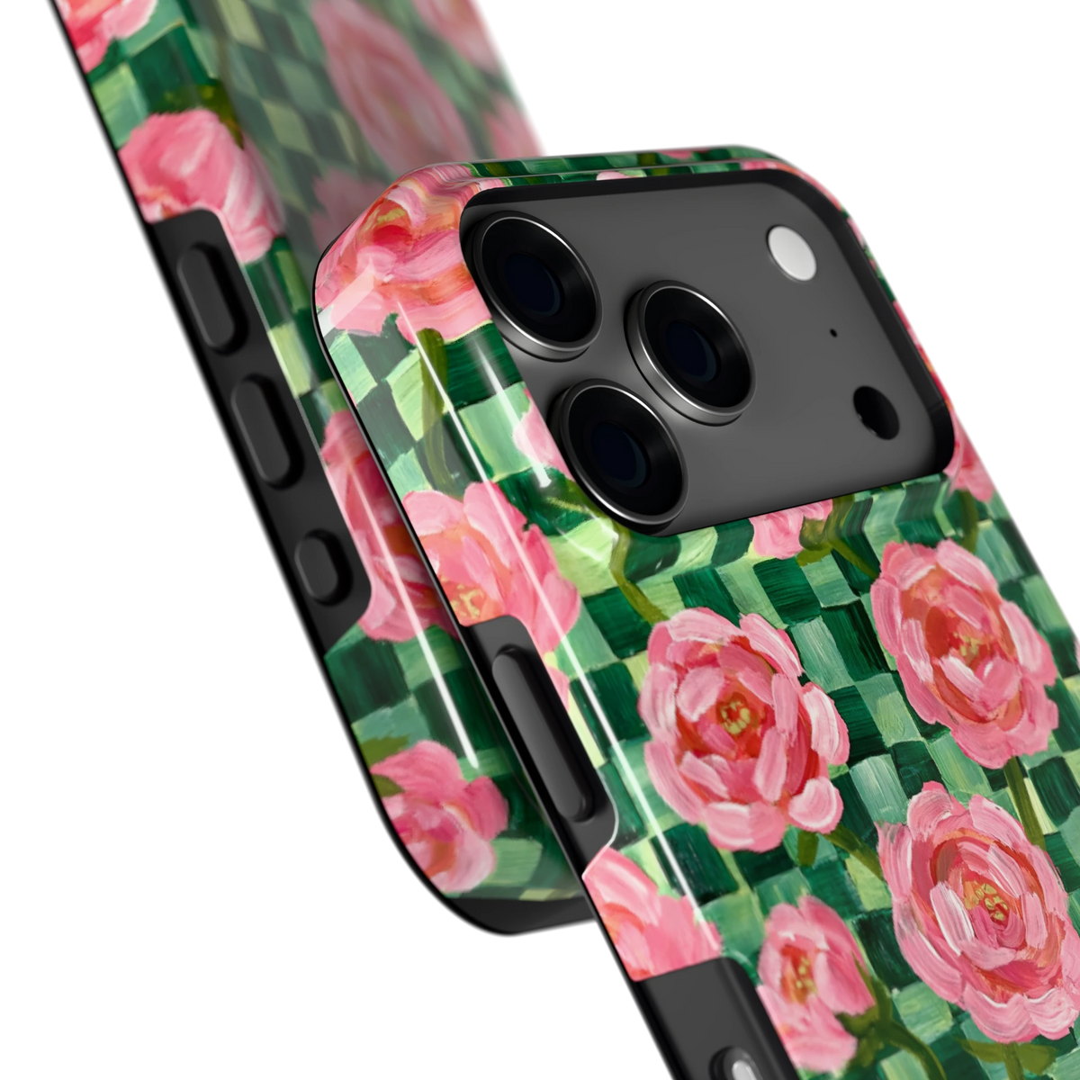 Pioenen op groene ruitjes hoesje voor iPhone 17 Pro, close-up