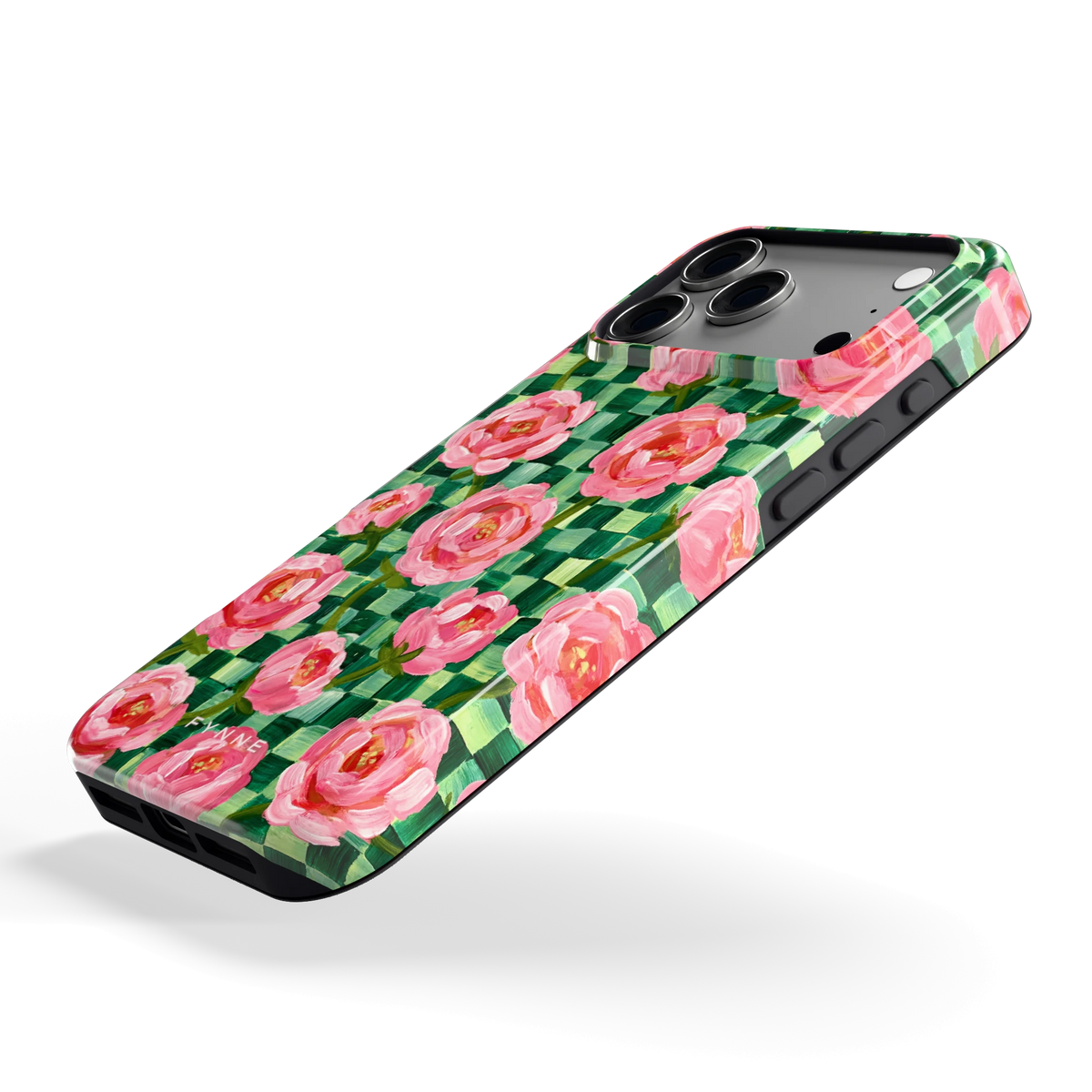 Pioenen op groene ruitjes hoesje voor iPhone 17 Pro Max, schuin