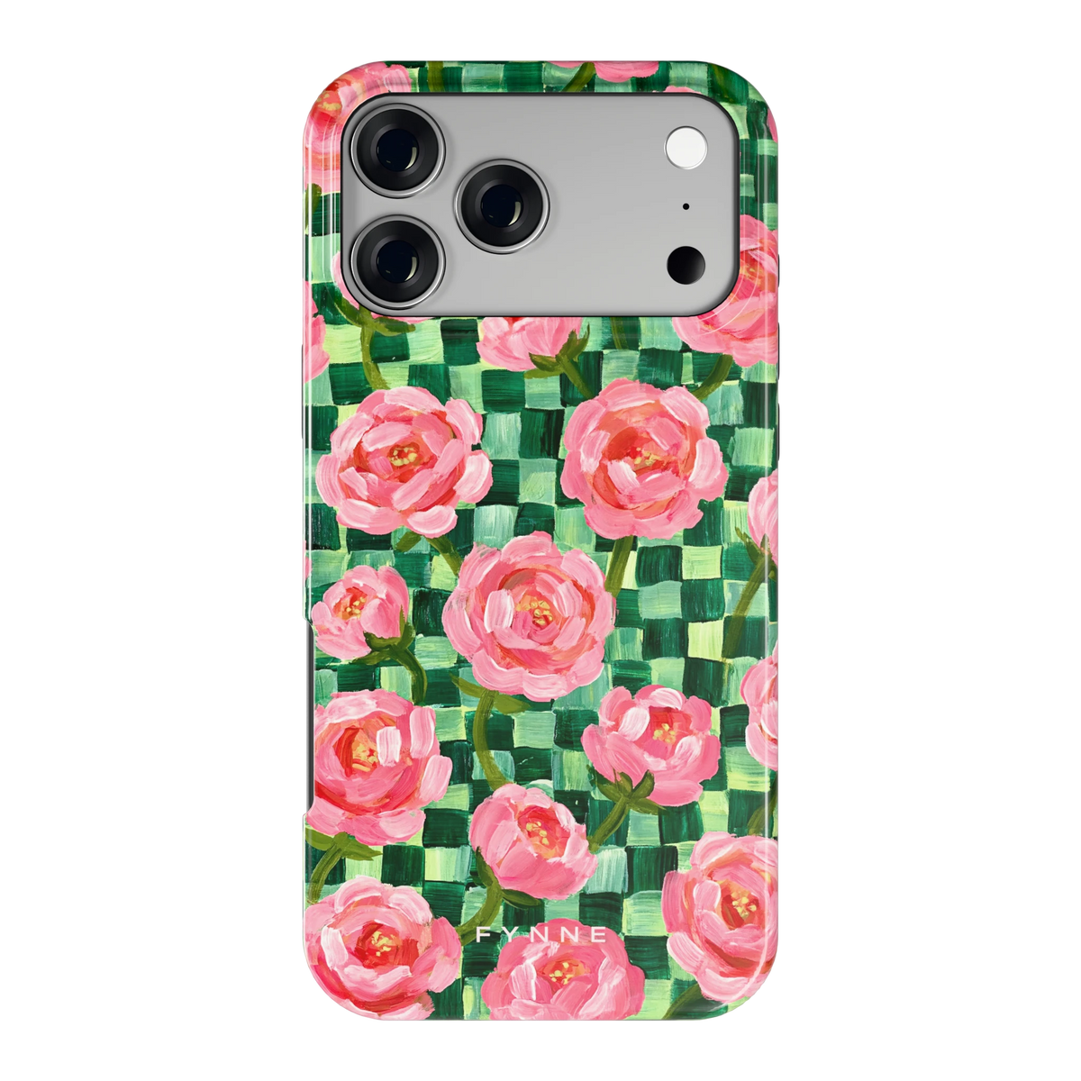 Pioenen op groene ruitjes hoesje voor iPhone 17 Pro Max, achterkant