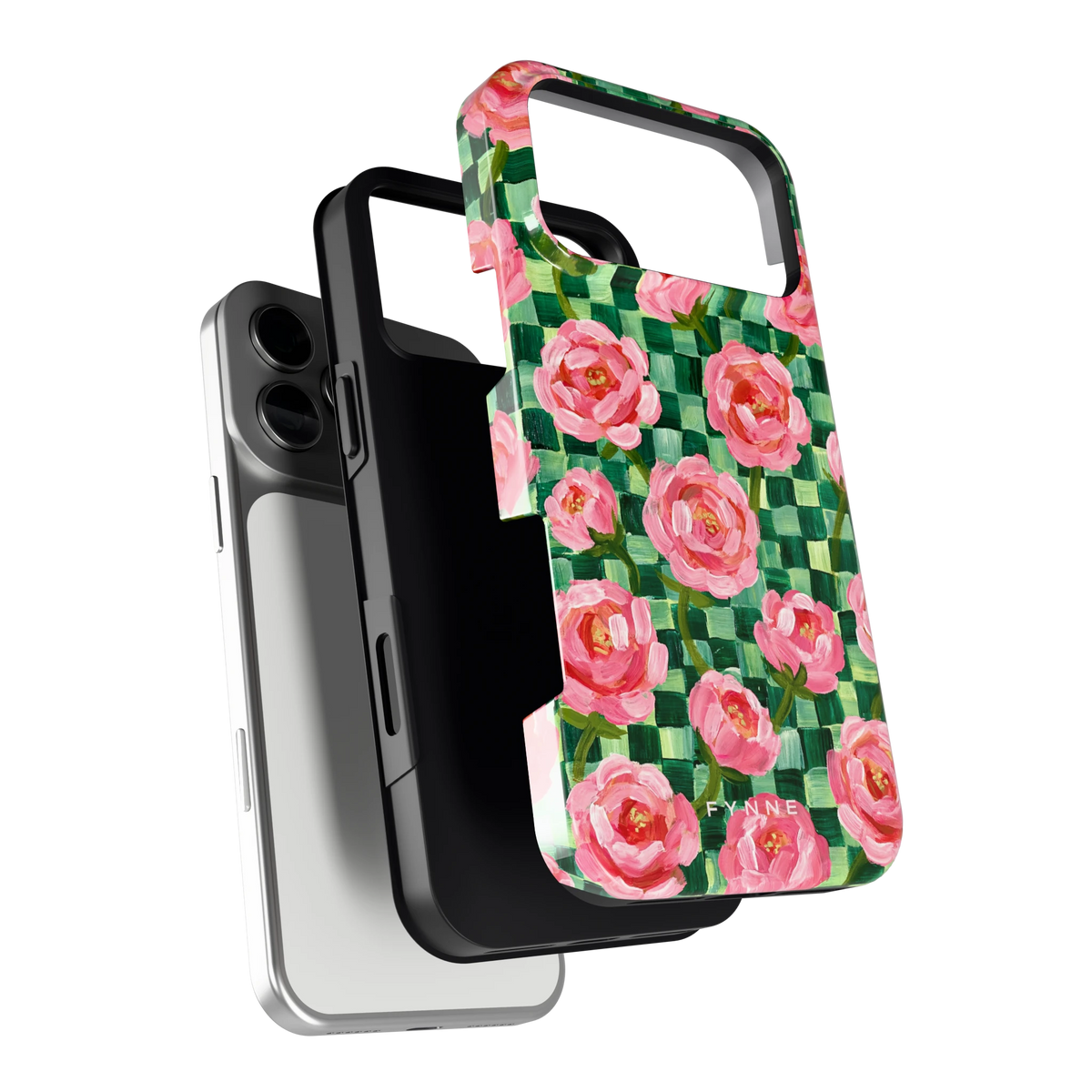 Pioenen op groene ruitjes hoesje voor iPhone 17 Pro Max, los van de telefoon