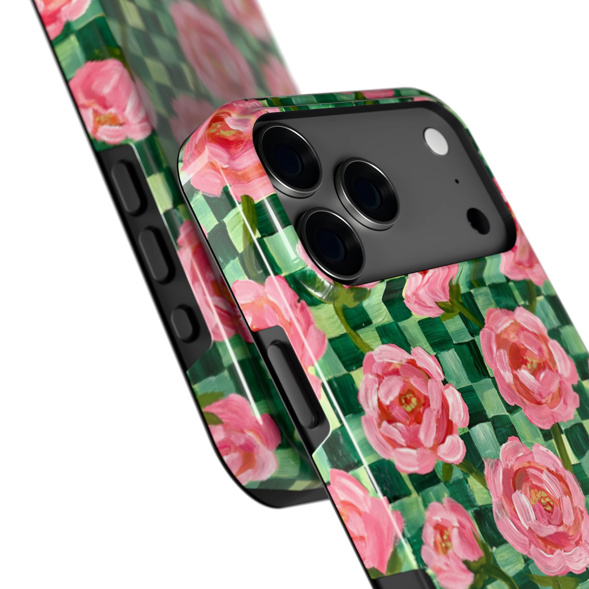 Pioenen op groene ruitjes hoesje voor iPhone 17 Pro Max, close-up