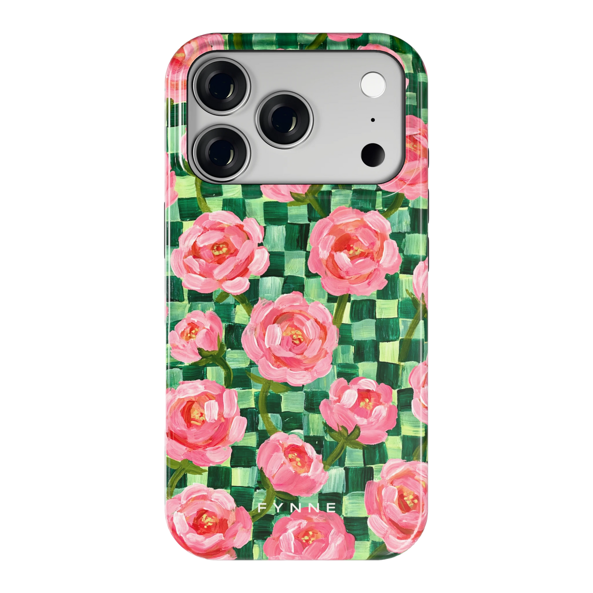 Pioenen op groene ruitjes hoesje voor iPhone 18 Pro, achterkant