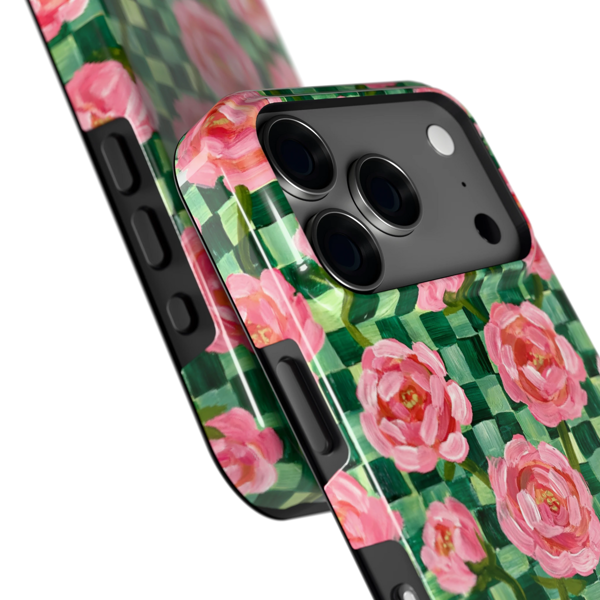 Pioenen op groene ruitjes hoesje voor iPhone 18 Pro, close-up