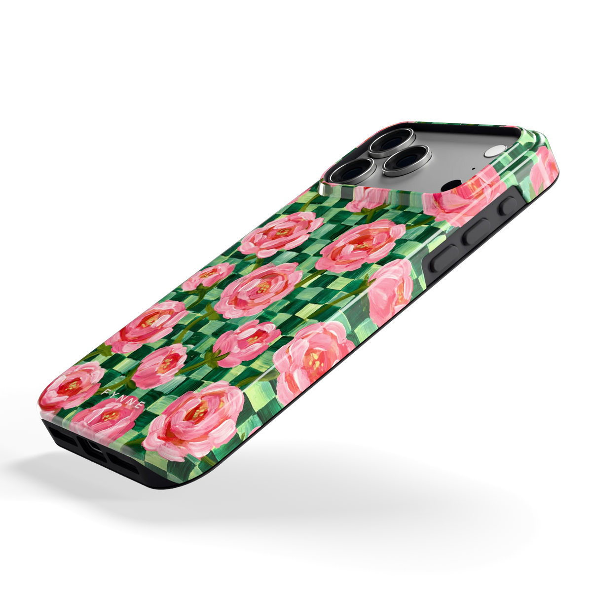 Pioenen op groene ruitjes hoesje voor iPhone 18 Pro Max, schuin