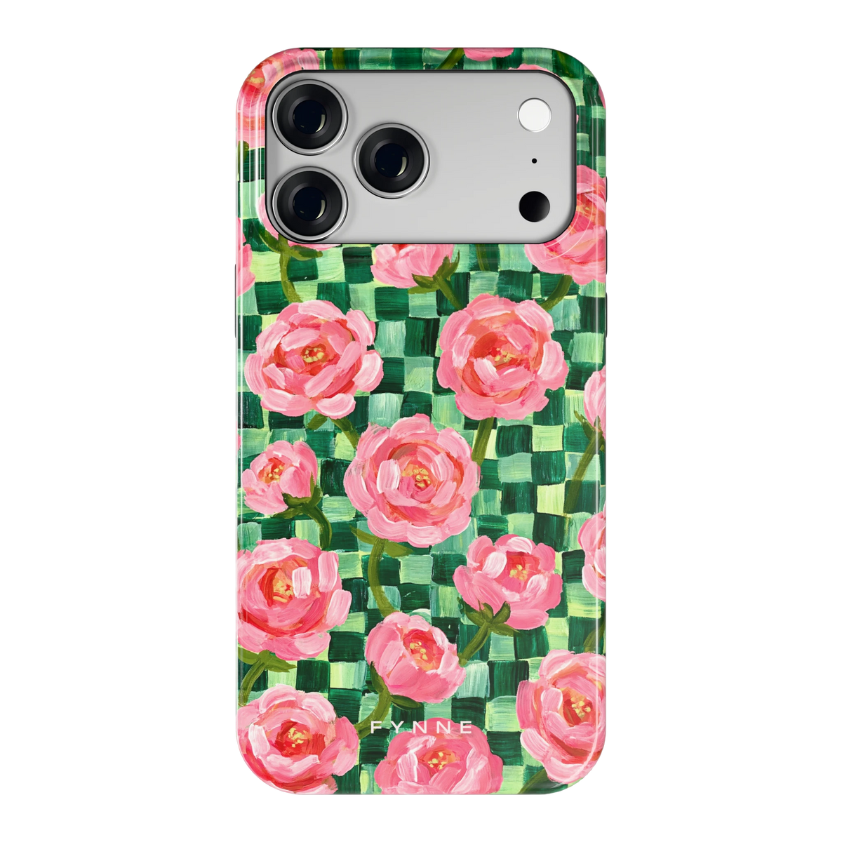 Pioenen op groene ruitjes hoesje voor iPhone 18 Pro Max, achterkant
