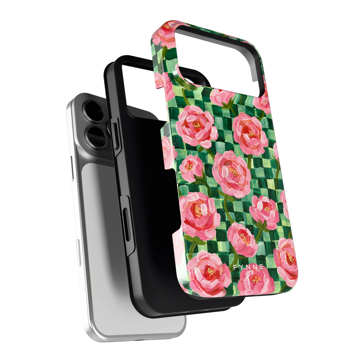 Pioenen op groene ruitjes hoesje voor iPhone 18 Pro Max, los van de telefoon