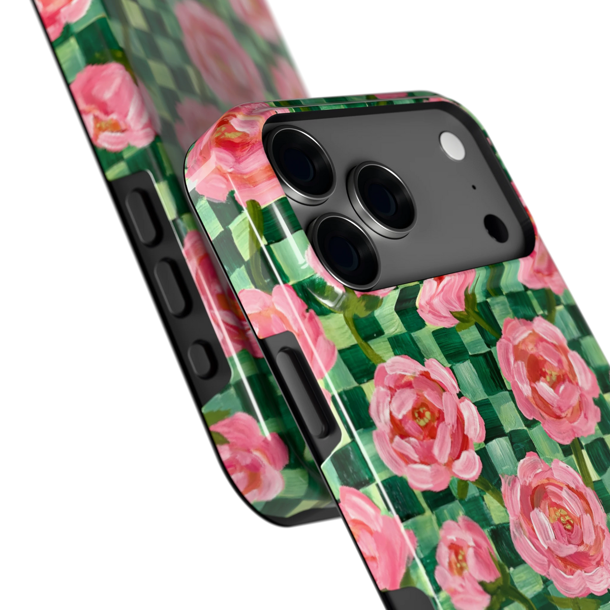 Pioenen op groene ruitjes hoesje voor iPhone 18 Pro Max, close-up