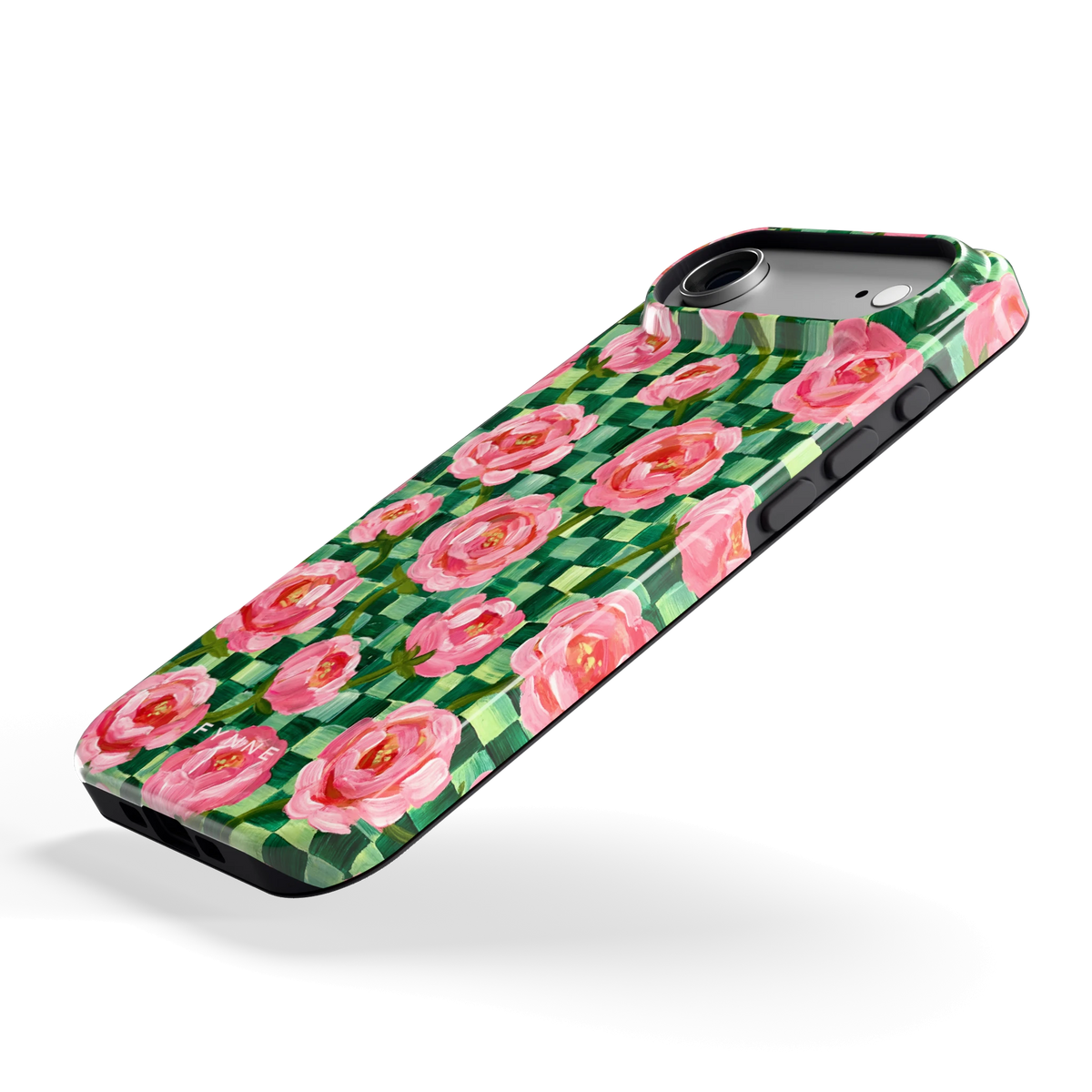 Pioenen op groene ruitjes hoesje voor iPhone Air, schuin
