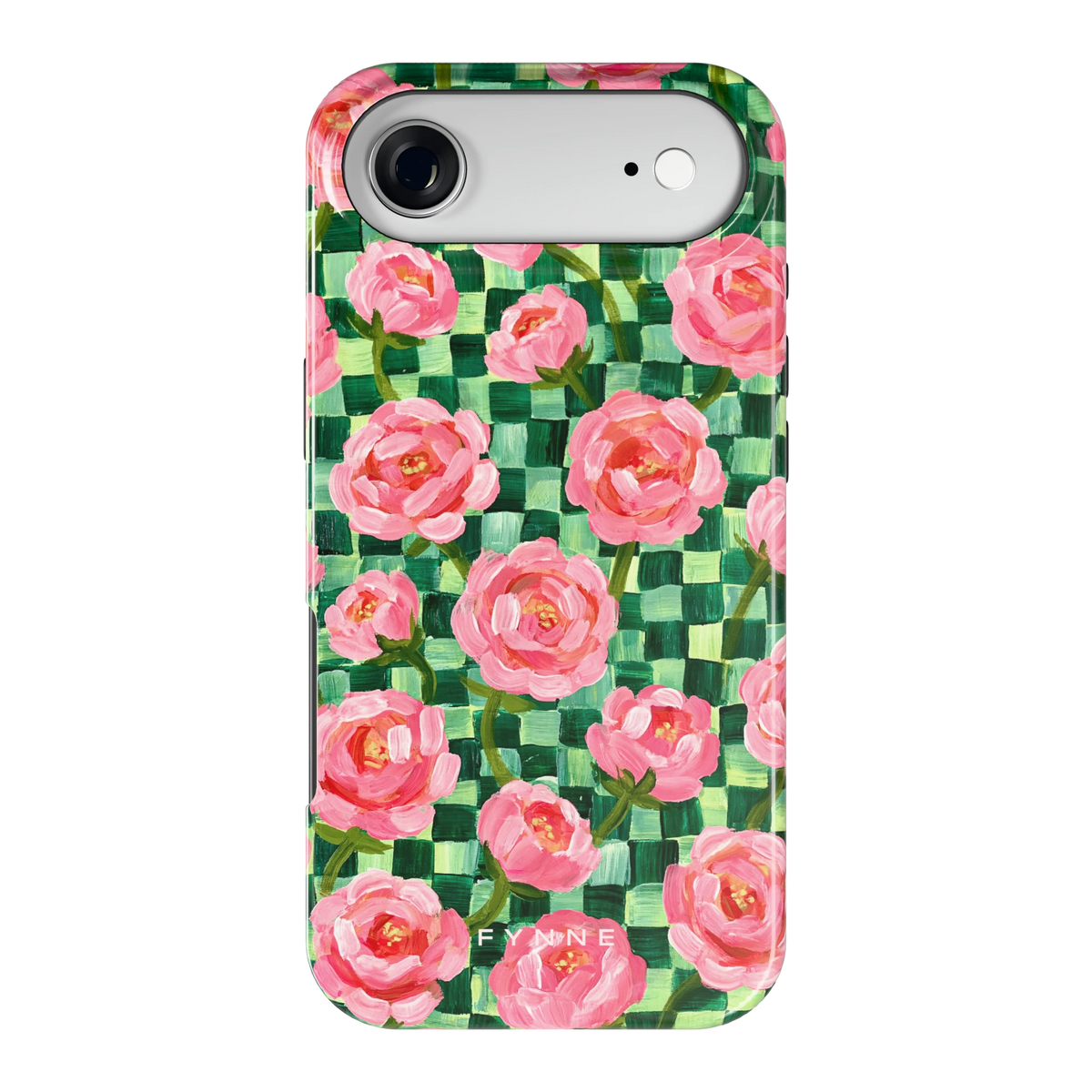 Pioenen op groene ruitjes hoesje voor iPhone Air, achterkant