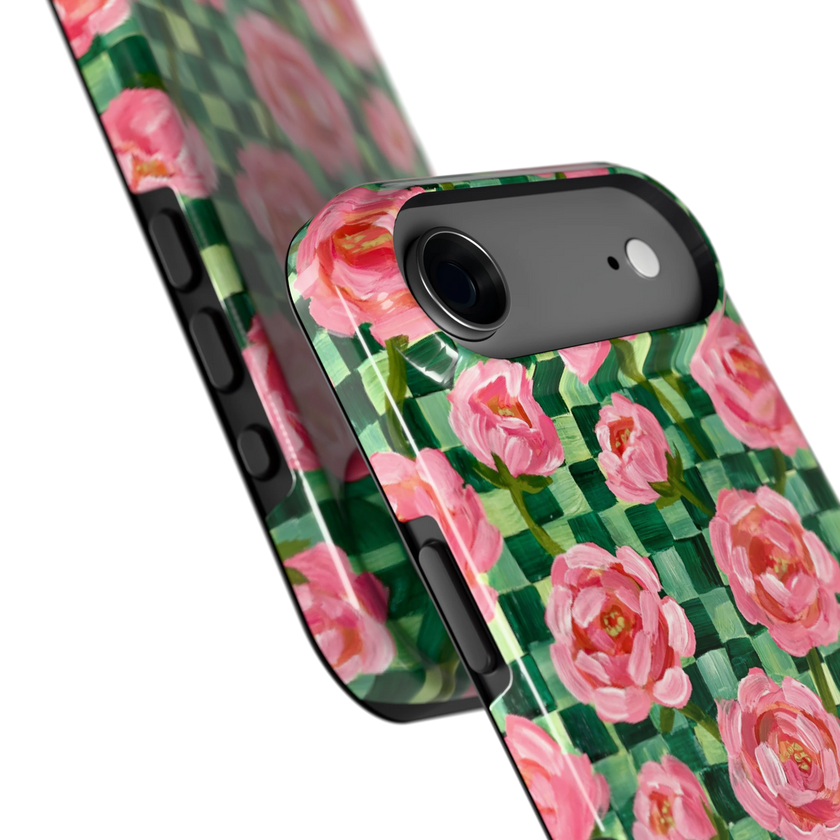 Pioenen op groene ruitjes hoesje voor iPhone Air, close-up