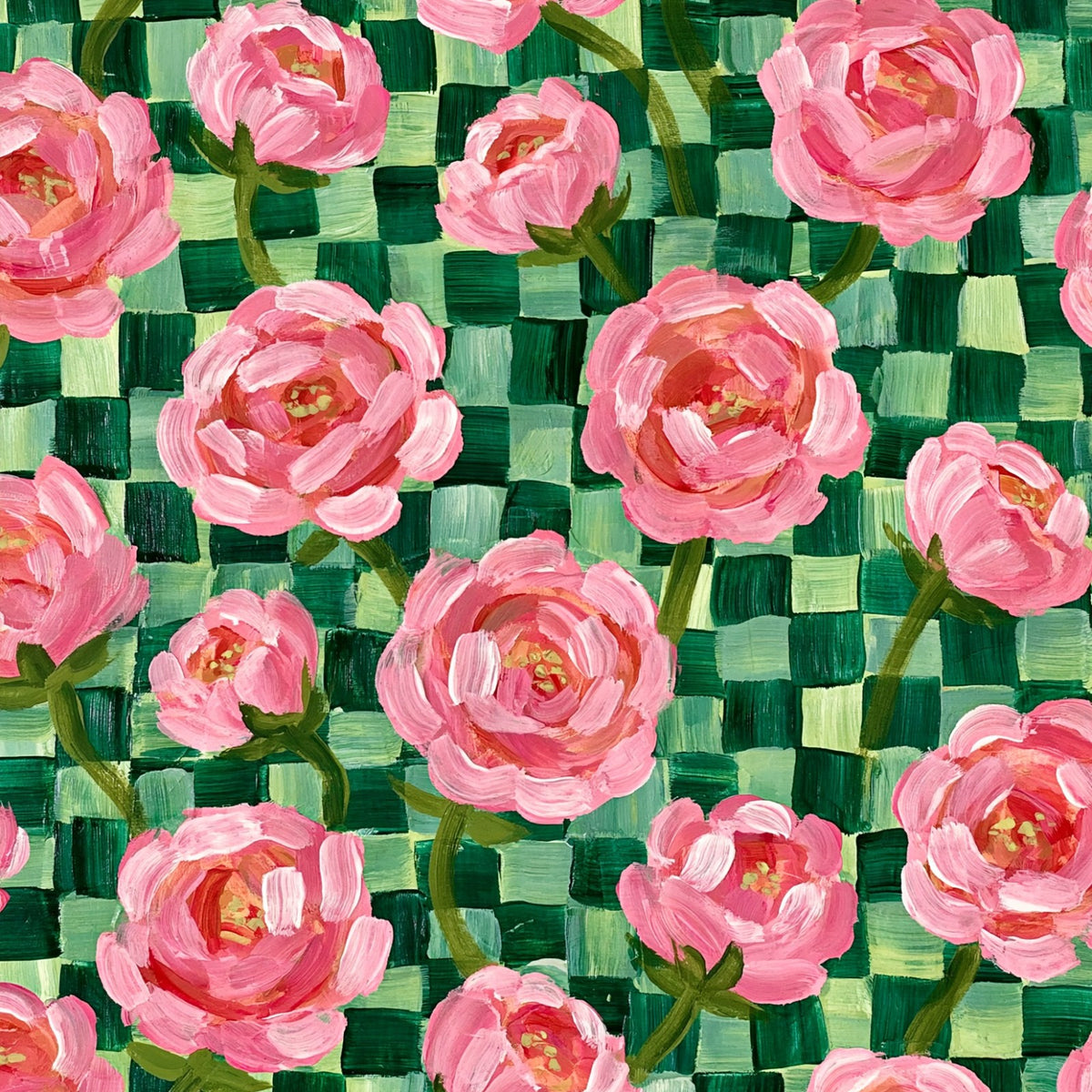 Pioenen op groene ruitjes, het ontwerp