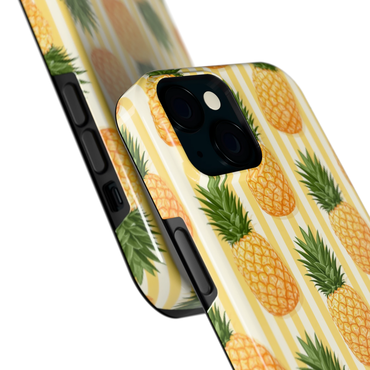 Ananas Strepen hoesje voor iPhone 15, close-up