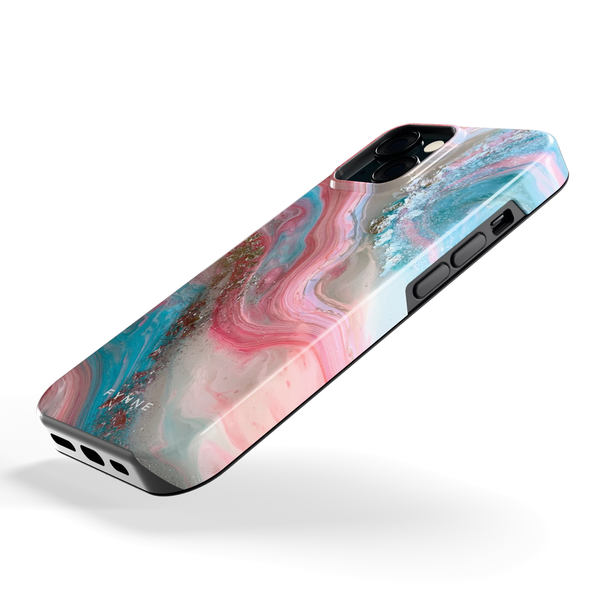 Roze Aqua Marmer hoesje voor iPhone 15, schuin