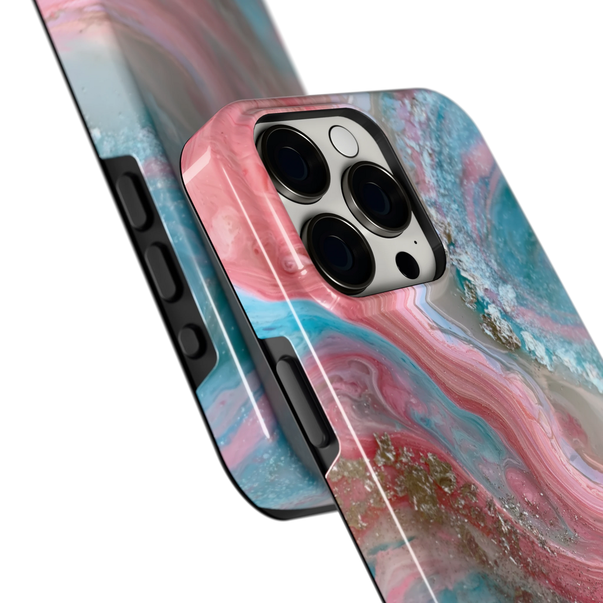 Roze Aqua Marmer hoesje voor iPhone 15 Pro Max, close-up