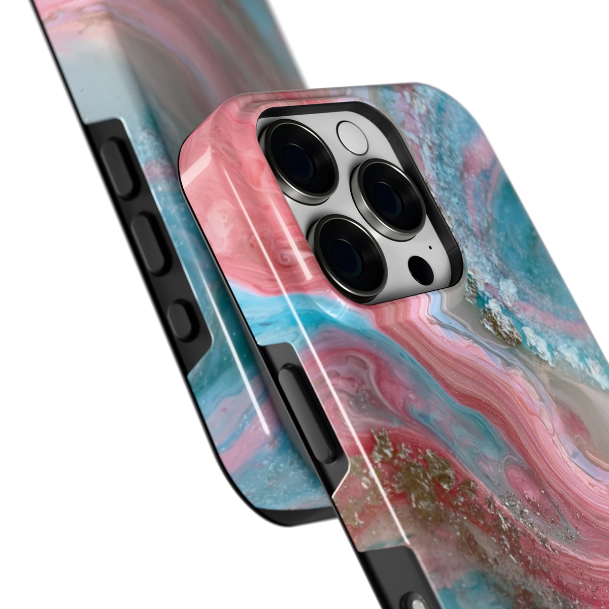 Roze Aqua Marmer hoesje voor iPhone 16 Pro, close-up
