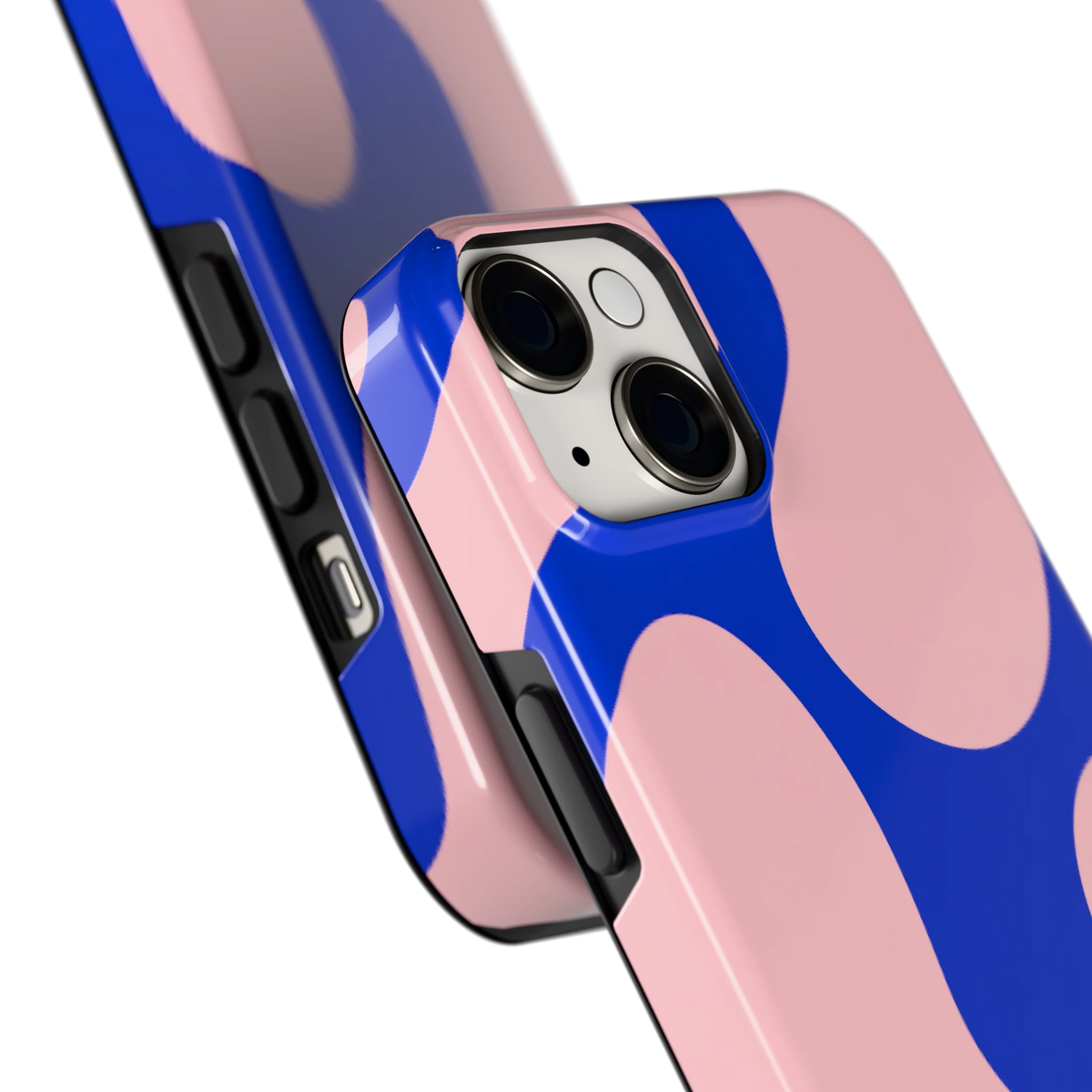 Roze Blauwe Blobs hoesje voor iPhone 14, close-up