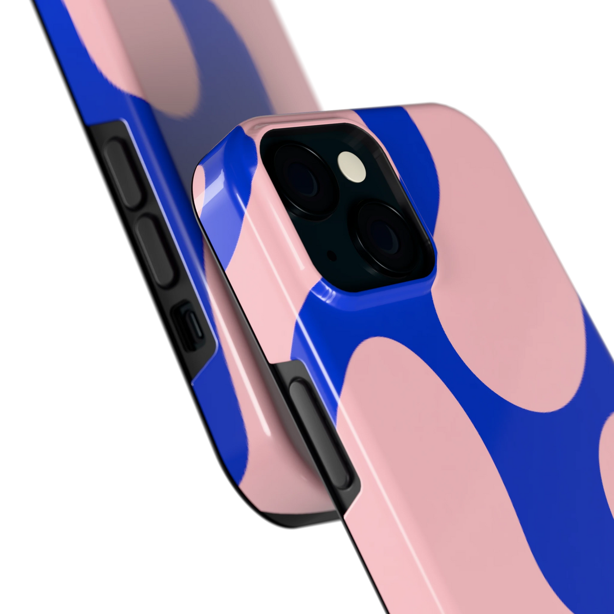 Roze Blauwe Blobs hoesje voor iPhone 15, close-up