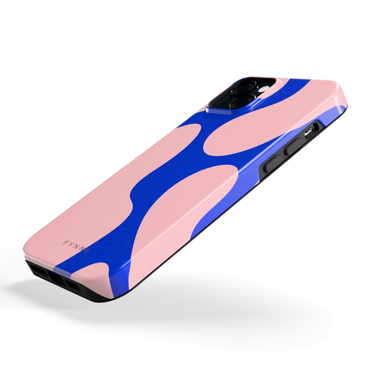 Roze Blauwe Blobs hoesje voor iPhone 15 Plus, schuin