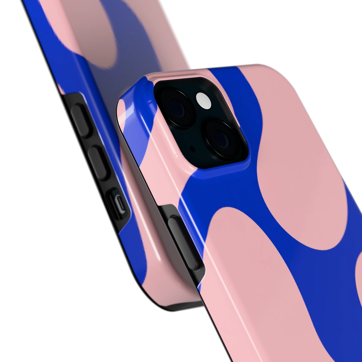 Roze Blauwe Blobs hoesje voor iPhone 15 Plus, close-up