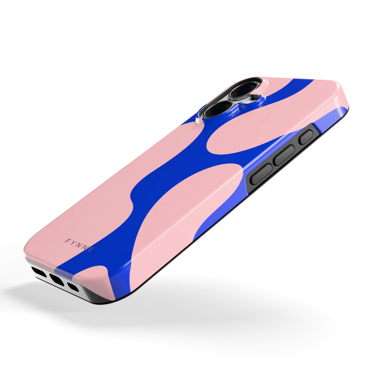 Roze Blauwe Blobs hoesje voor iPhone 16, schuin