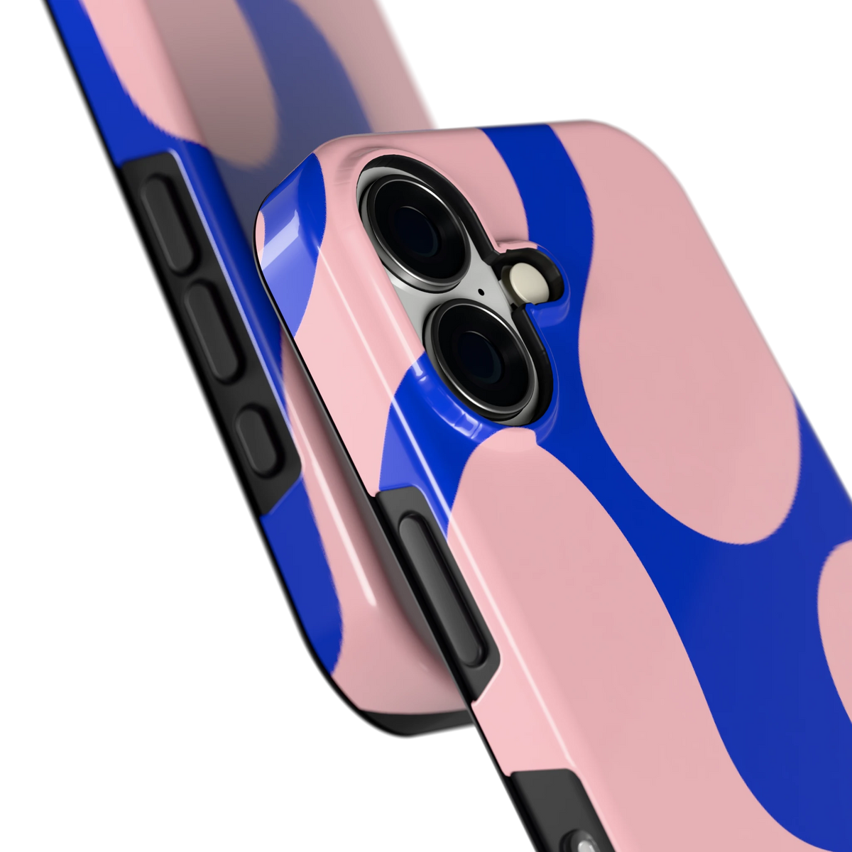 Roze Blauwe Blobs hoesje voor iPhone 16, close-up