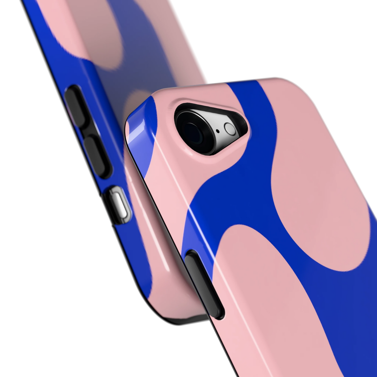 Roze Blauwe Blobs hoesje voor iPhone 16e, close-up