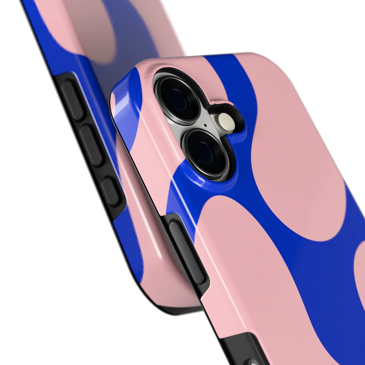 Roze Blauwe Blobs hoesje voor iPhone 17, close-up