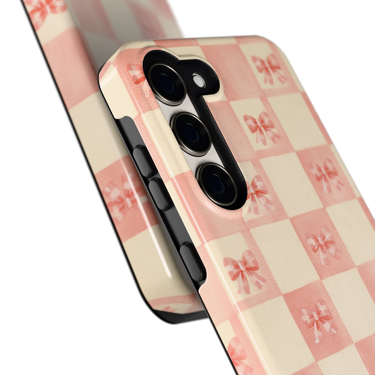 Roze strikjesgeruit hoesje voor Galaxy S23, close-up