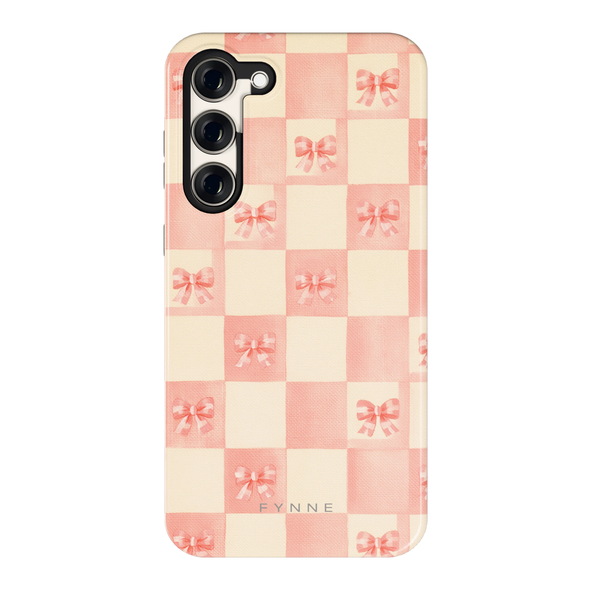 Roze strikjesgeruit hoesje voor Galaxy S23+, achterkant