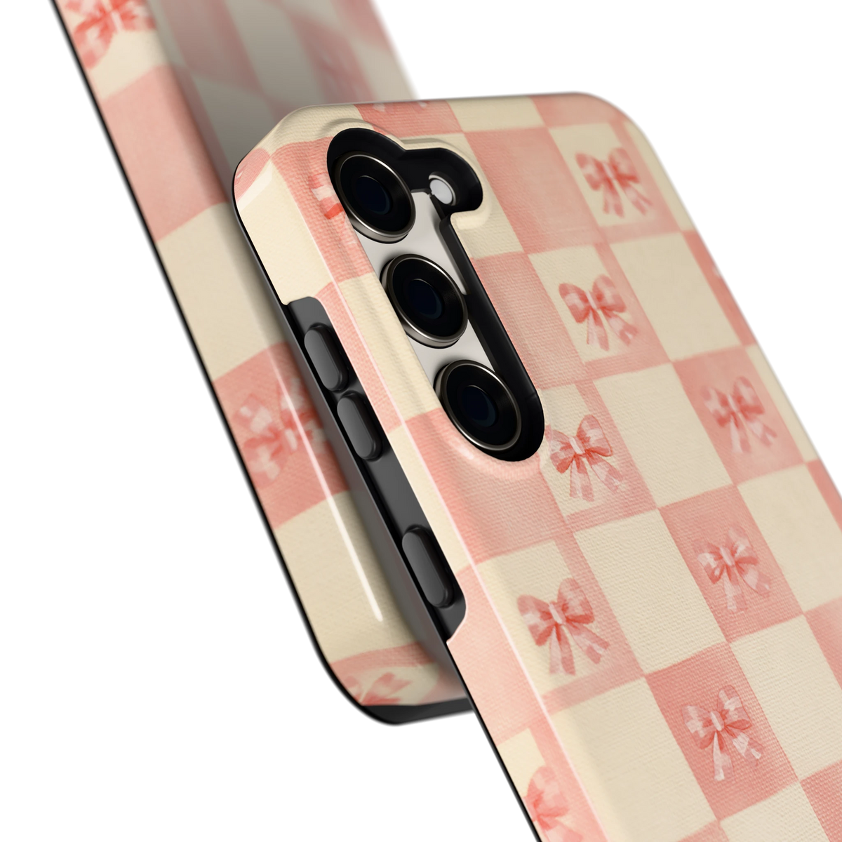 Roze strikjesgeruit hoesje voor Galaxy S23+, close-up