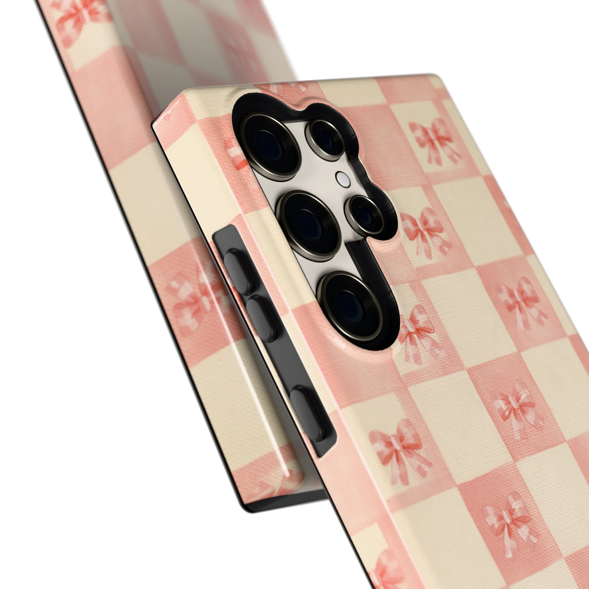 Roze strikjesgeruit hoesje voor Galaxy S23 Ultra, close-up