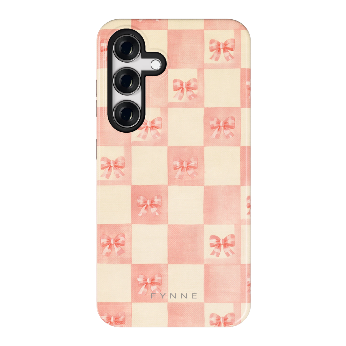 Roze strikjesgeruit hoesje voor Galaxy S24, achterkant