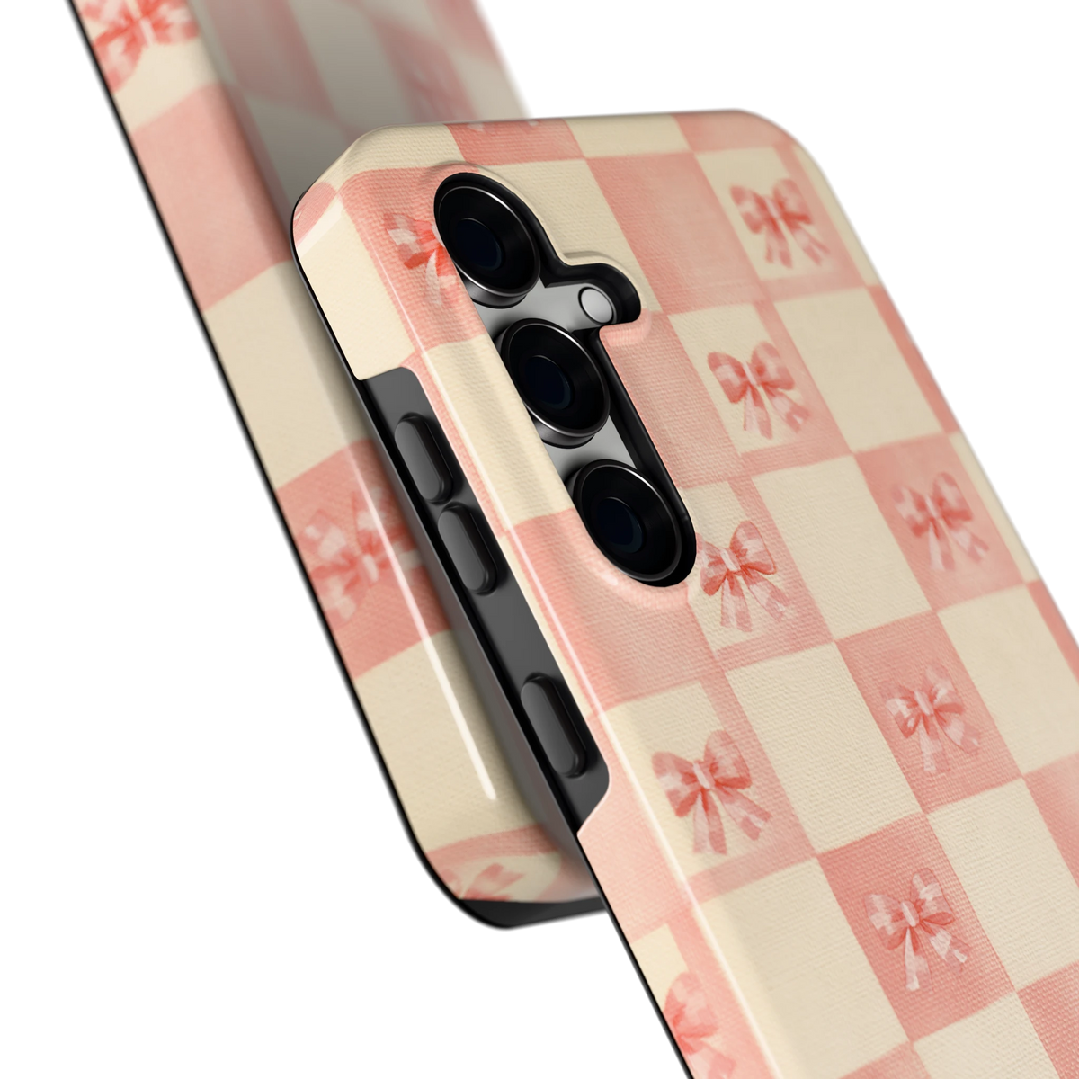 Roze strikjesgeruit hoesje voor Galaxy S24 FE, close-up