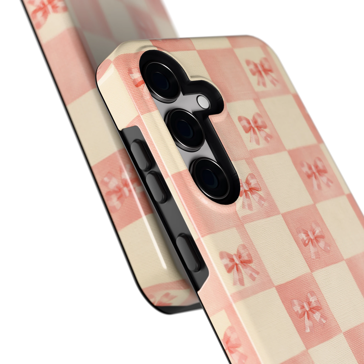 Roze strikjesgeruit hoesje voor Galaxy S24, close-up
