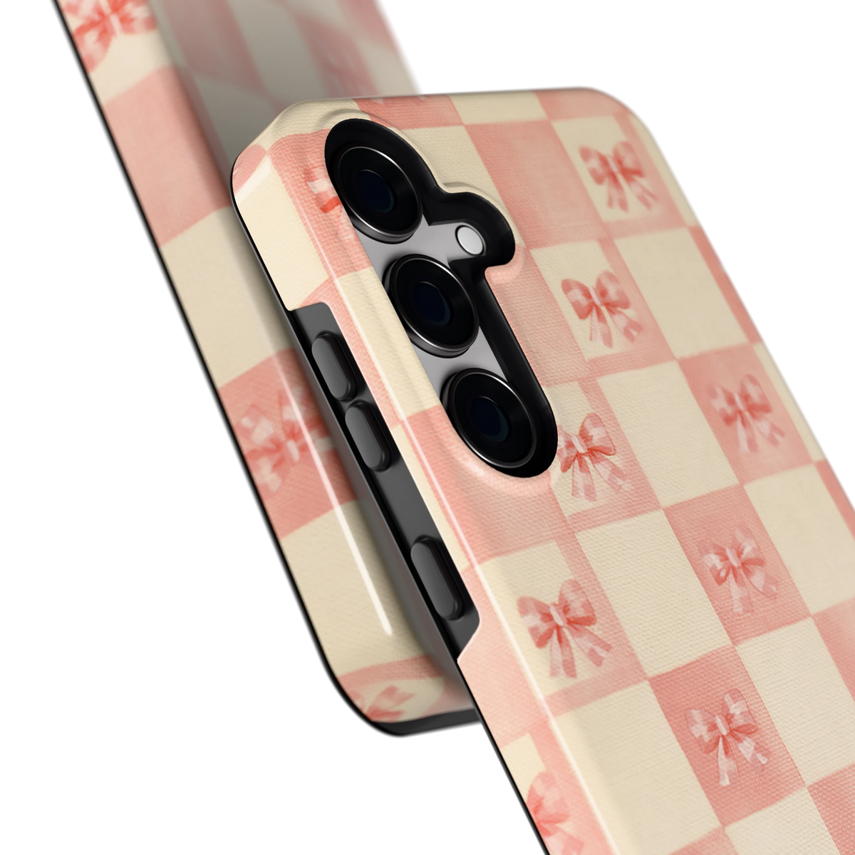 Roze strikjesgeruit hoesje voor Galaxy S24+, close-up