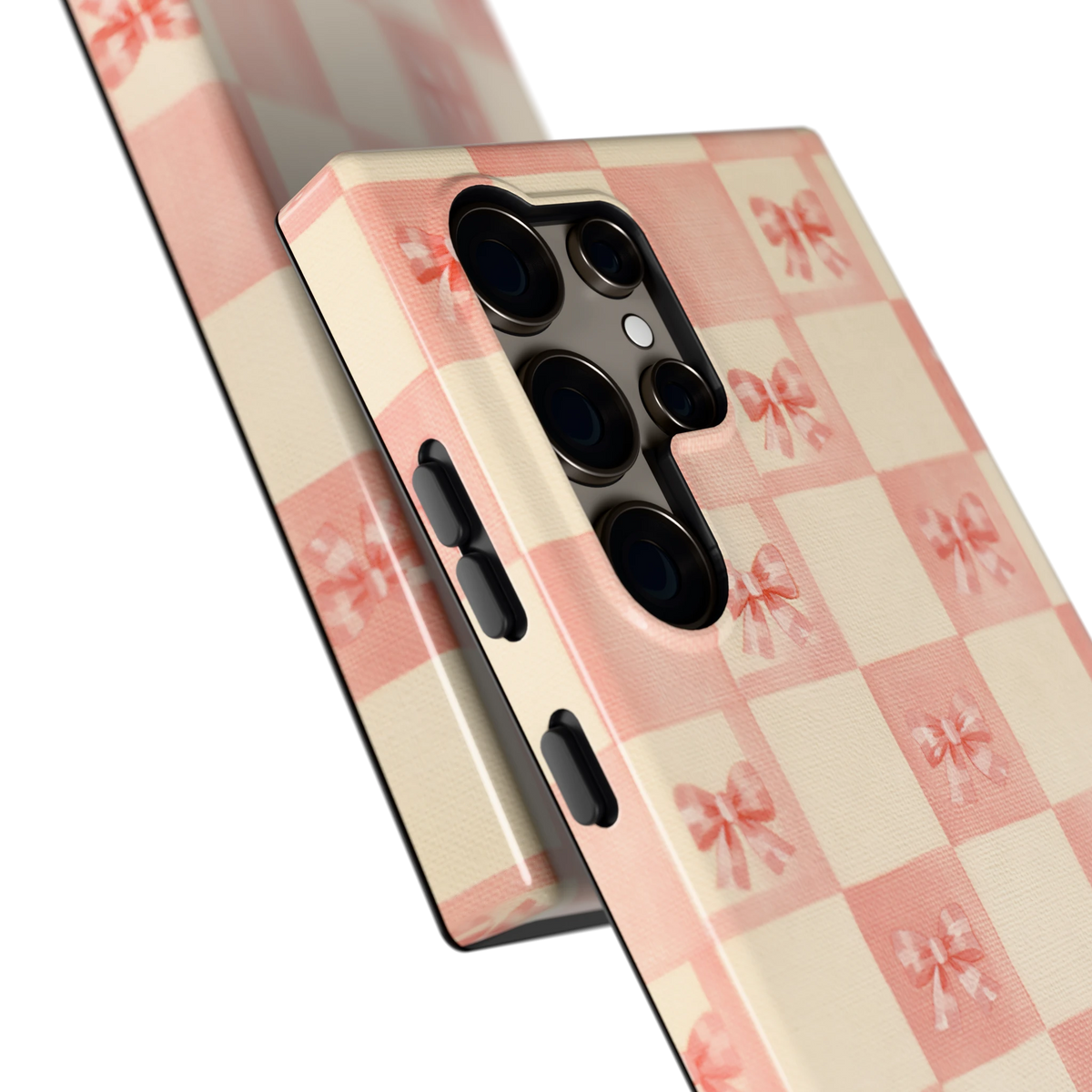 Roze strikjesgeruit hoesje voor Galaxy S24 Ultra, close-up