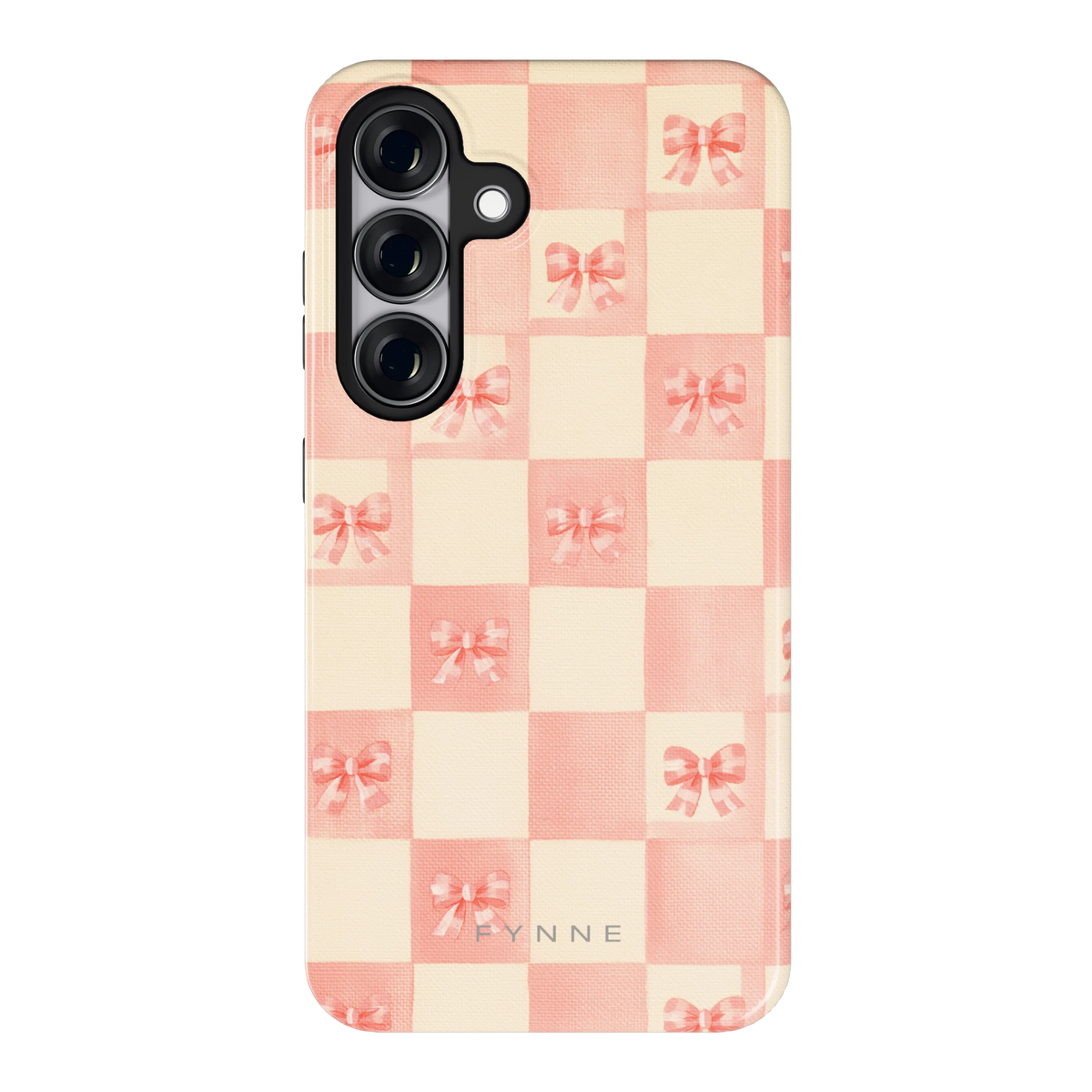 Roze strikjesgeruit hoesje voor Galaxy S25, achterkant