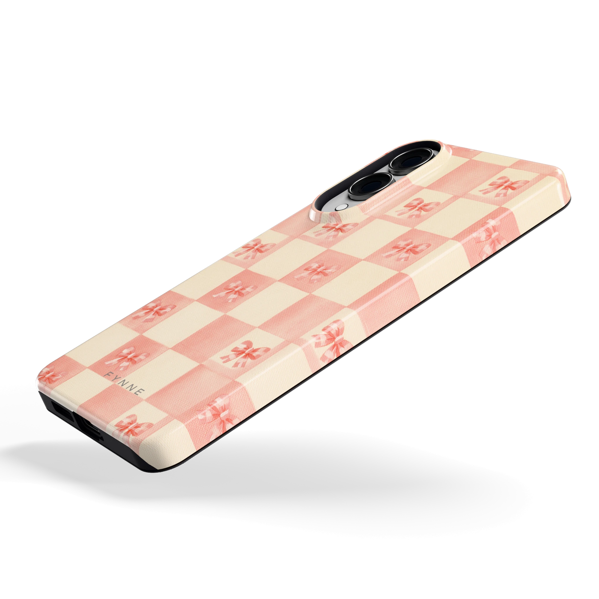 Roze strikjesgeruit hoesje voor Galaxy S25 Edge, schuin