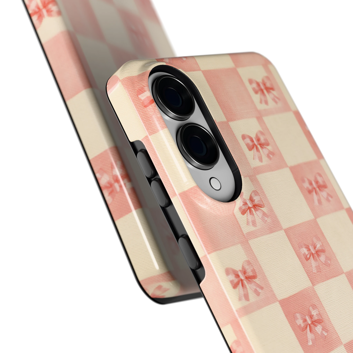 Roze strikjesgeruit hoesje voor Galaxy S25 Edge, close-up