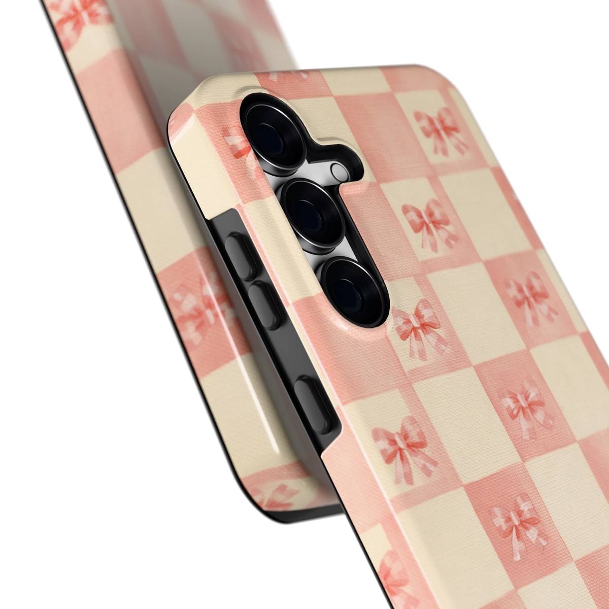 Roze strikjesgeruit hoesje voor Galaxy S25 FE, close-up