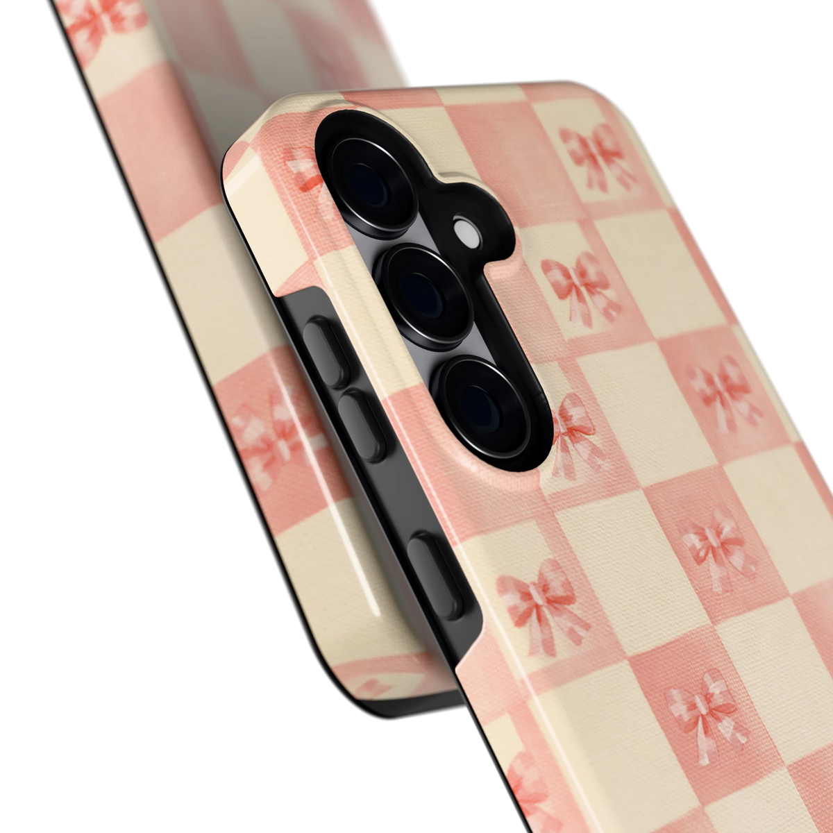 Roze strikjesgeruit hoesje voor Galaxy S25, close-up