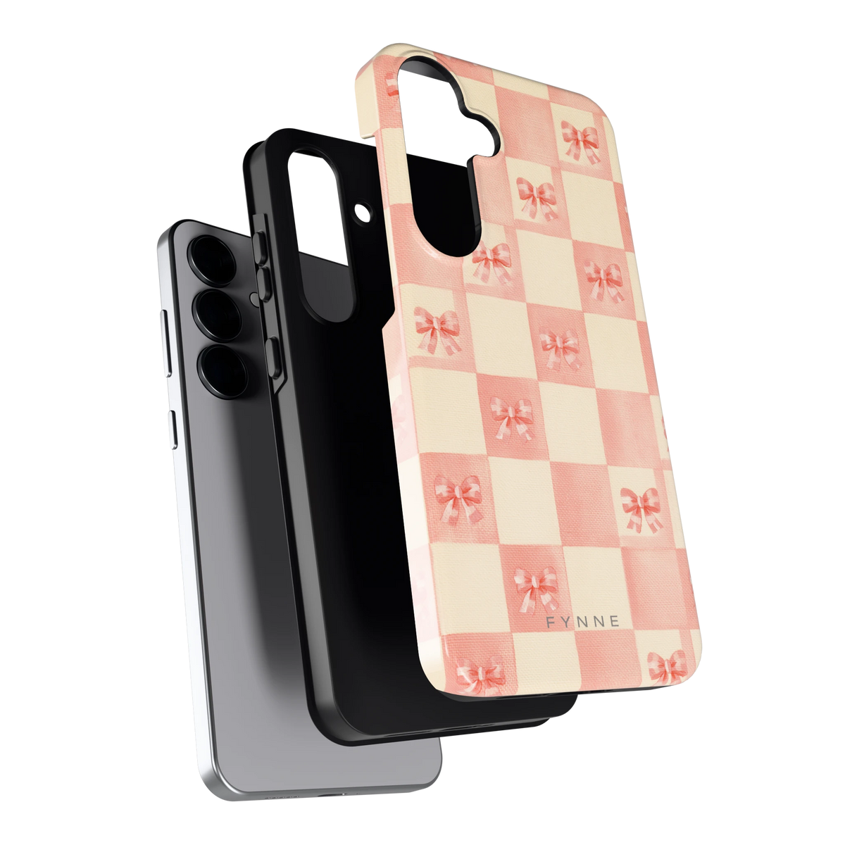 Roze strikjesgeruit hoesje voor Galaxy S25+, los van de telefoon