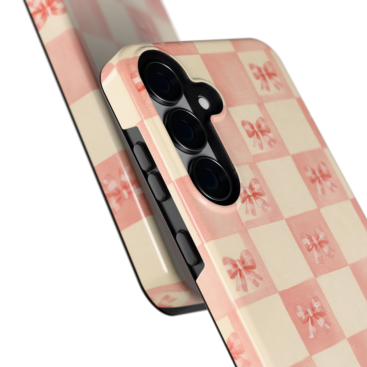 Roze strikjesgeruit hoesje voor Galaxy S25+, close-up