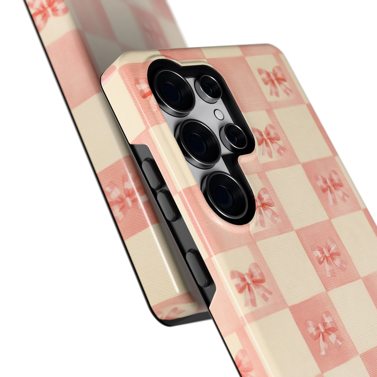 Roze strikjesgeruit hoesje voor Galaxy S25 Ultra, close-up