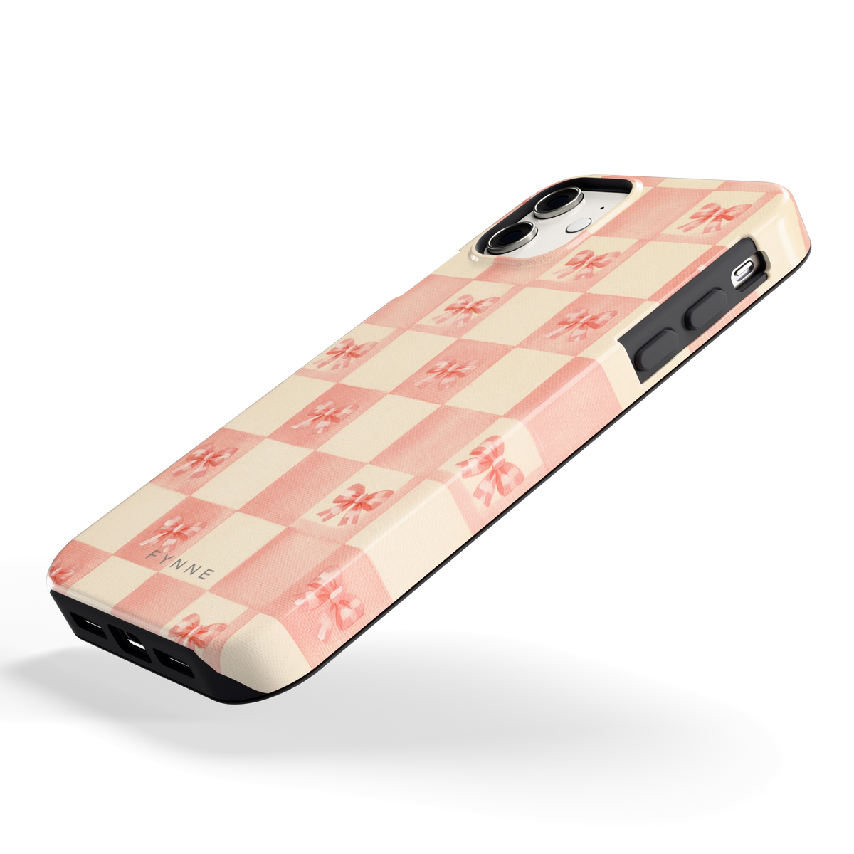 Roze strikjesgeruit hoesje voor iPhone 11, schuin
