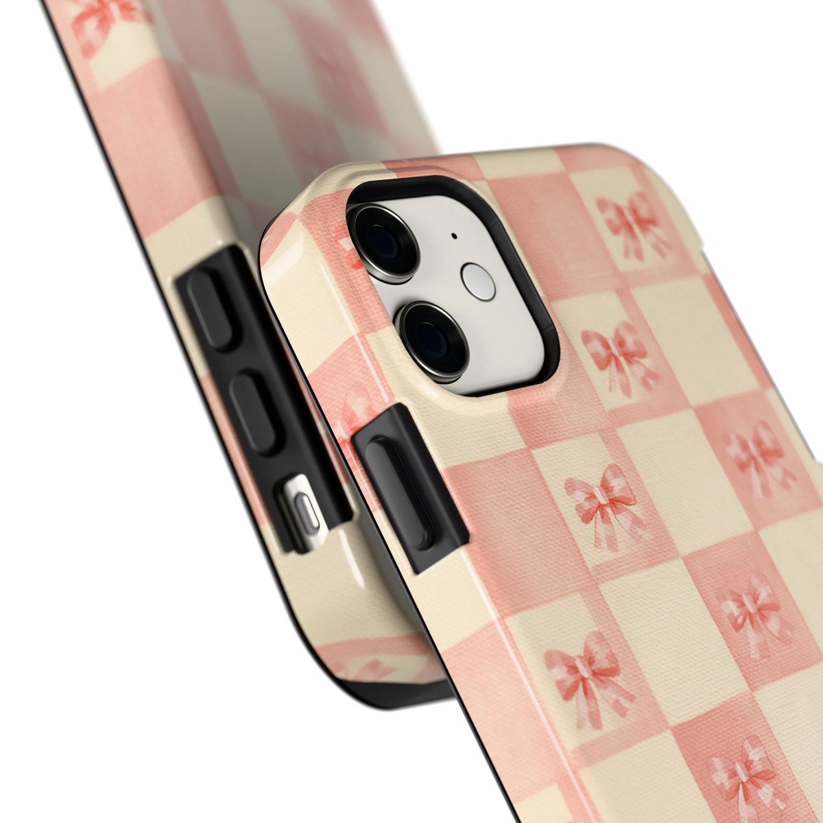 Roze strikjesgeruit hoesje voor iPhone 11, close-up
